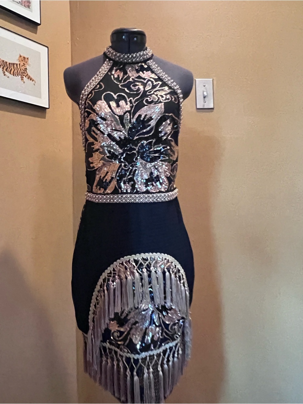 12th Tribe Black & Silver Sequin Fringe Halter Mini Dress